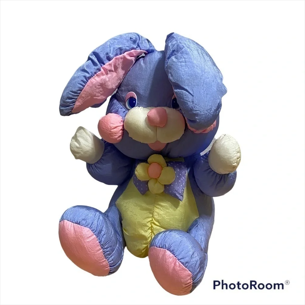 Vintage Puffy Easter Bunny Plush Purple Yellow Stuffed Animal